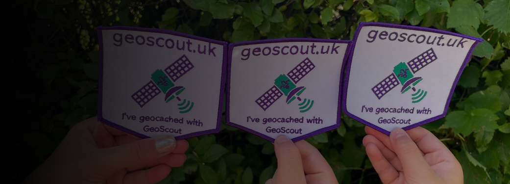 Three GeoScout badges being held up against a green bush